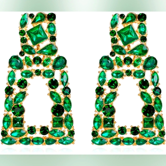 Green Rhinestone Bejeweled Earrings - Picture 1 of 2